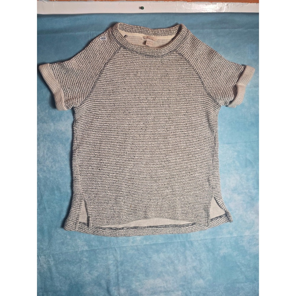 HM Women Navy White Marled Textured Knit Raglan Short Sleeve Sweater Top Size 10
